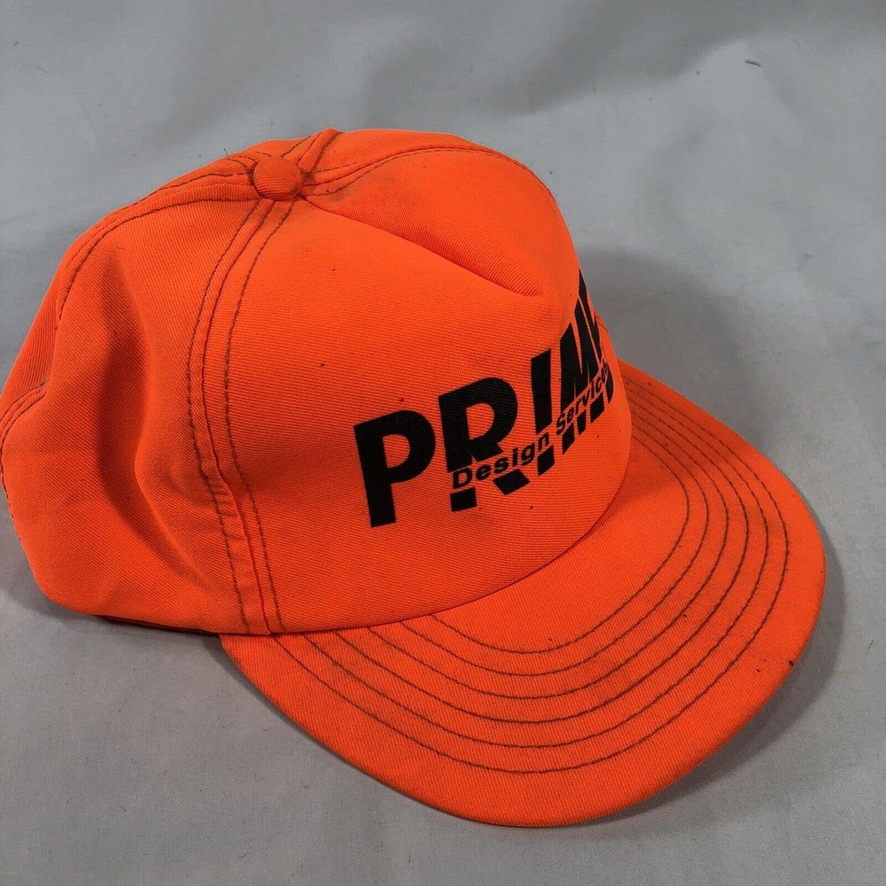 VINTAGE PRIME DESIGN SERVICES HAT CAP SNAPBACK NEON ORANGE USA MADE TRUCKER OSFM - Picture 6 of 14